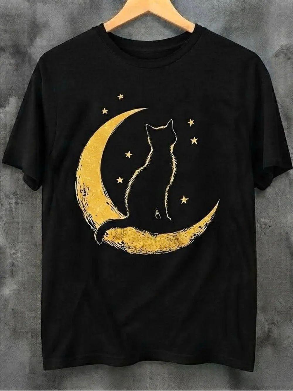 Black Cat Moon Graphic T-Shirt - Gold Print
